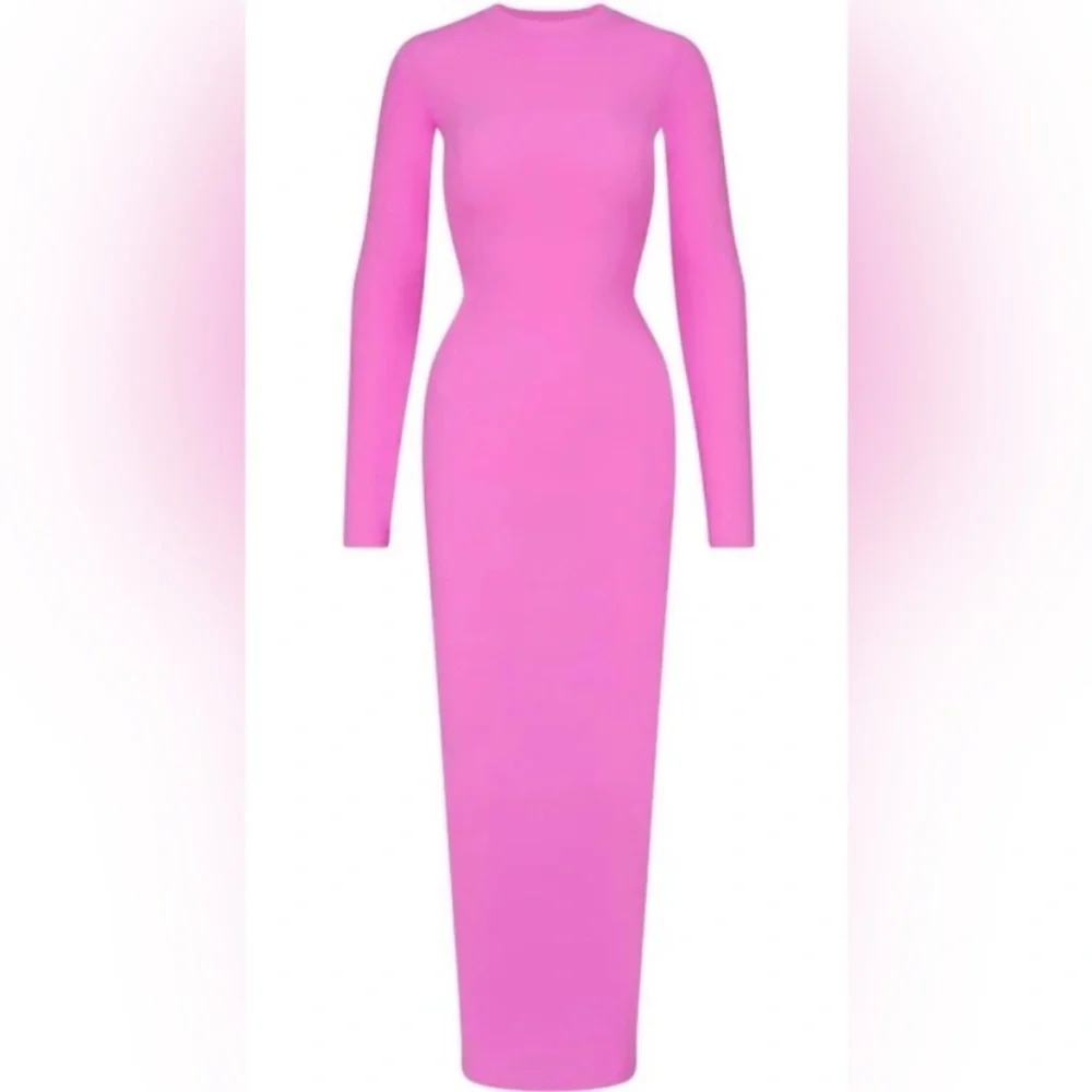 SKIMS Fits Everybody Long Sleeve Crew Neck Maxi Dress, Neon Orchid Pink, Size L - Picture 1 of 14